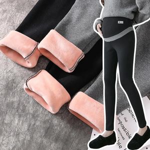 Capris Mujeres Embarazadas Pantalones Cálidos de Invierno con Engrosamiento Rosa Veet Rayas Patchwork Bordado Maternidad Abdomen Pantalones Leggings