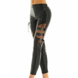 Capris Femmes Skinny Slim Pantalon Gothique Punk Rock Leggings Résille Garniture Faux PU Cuir Crayon Pantalon Discothèque Vêtements Streetwear