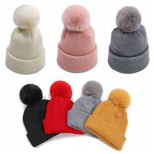 Casquettes Chapeaux Mignon Pompon Bébé Chapeau Bonnet Hiver Doux Chaud Tricoté Garçon Fille Couleur Unie Infantile Enfant Cap Fourrure Fausse Boule Bonnet Enfants