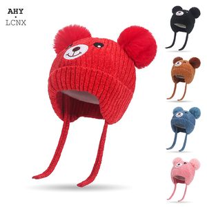 Caps Hats Winter Pompom Baby Cap With Rope Lining Cute Boy Girl Warm Bear Knitted Hat Kids Earflaps Knit Hats For Toddler 230213