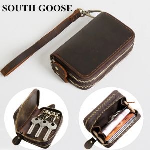 Caps South Goose Geatine Leather Key Portefeuilles hommes Men Retro Car clés Céquette Cowhide Double Zipper Keys Organisateur Coin Souche