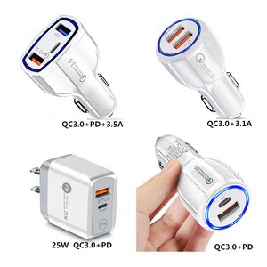 Cargadores de coche de 20W Carga rápida QC3.0 PD Tipo C USB-C 3.5A 2.1A 25W Adaptador de carga de pared rápida Cargador USB para teléfono Xiaomi Huawei Samsung Universal