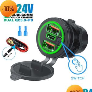 Allume-cigare de voiture Nouveau 12V / 24V Triple USB-C Prise de chargeur de voiture Prises USB 45W Pd 3Usb 22.5W Adaptateur Qc3.0 avec interrupteur tactile Drop D Dh4Cy