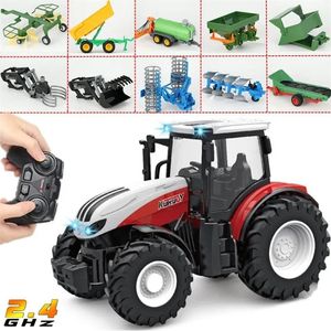 Coche eléctrico RC coche RC Tractor remolque con faro LED juguetes agrícolas Set 2 4GHZ 1 24 Control remoto camión simulador agrícola para niños