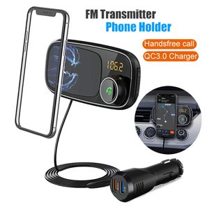 Car MP3 Player Handsfree Bluetooth Car Kit FM transmitter Audio Adapter Dual USB Charger QC3.0 Quick charging with Phone holder T16