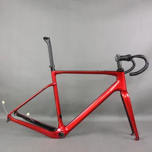 Cadre de vélo de gravier en Fiber de carbone GR044 frein à disque à montage plat métal rouge tige de câble externe et guidon pneu Max 700X45C