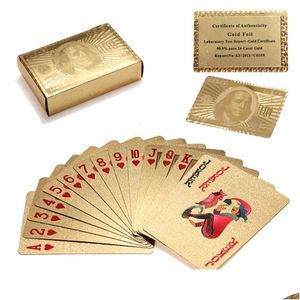 Juegos de cartas Regalo inusual especial de alta calidad Póker chapado en oro de 24 quilates con caja de madera y certificado Edición tradicional Dh5Pk