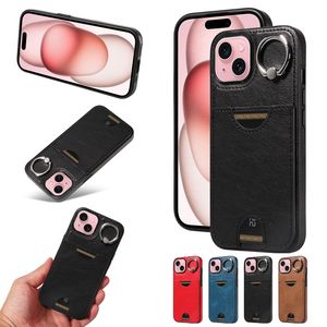 Étuis portefeuille en cuir pour iPhone 15 Plus 14 Pro MAX 13 12 11 X XR XS 8 7 Luxe Fashion Pocket Metal Finger Ring Holder Phone Back Cover Kickstand Stand Skin