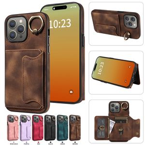 Étuis portefeuille en cuir pour iphone 15 Plus 14 Pro 13 12 11 X XR XS MAX 8 7, support de bague en métal à la mode, couverture arrière de téléphone, béquille, pochette de support de caisse
