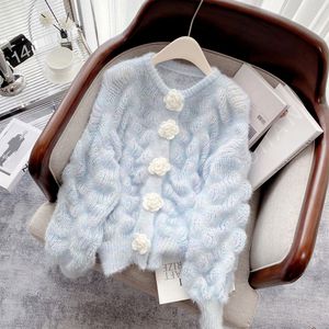 Cardigan tricoté bleu clair pour femme, pull teint par nouage, bouton Rose, coréen, Chic, doux, décontracté, col rond, vêtements féminins, 2023