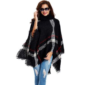 Cardigans 11th,Nov Cárdigan de Lana a Cuadros de Talla Grande para Mujer Jersey Poncho de Punto con Manga de Murciélago y Cuello Alto