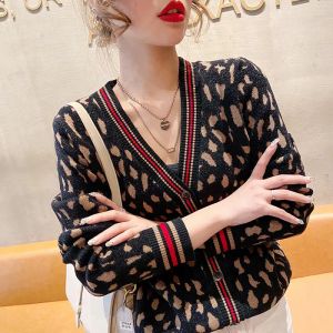 Cárdigans cárdigan de punto para mujer, suéter Retro con cuello en V y rayas en contraste de leopardo, suéter de manga larga, venta al por mayor, ropa Vintage para mujer 2022