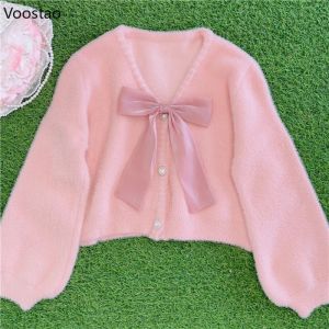 Cardigans Doux Lolita princesse tricoté Cardigan femmes Kawaii col en v lâche arc pull manteau femme décontracté Imitation vison tricots hauts