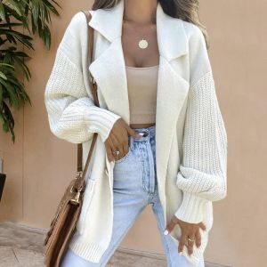 Cárdigans Cárdigan blanco y gris, suéter de punto para mujer, jerséis con cuello vuelto, abrigo largo suave para primavera, otoño e invierno, chaqueta larga de punto, cárdigan