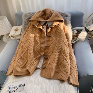 Cárdigans Abrigo de invierno para mujer Botón de cuerno de vaca con capucha Fried Dough Twists suéter abrigo Corea dongdaemun 2023 grueso suelto exterior perezoso k