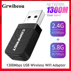 Cartes 1300 Mbps 2.4g 5GHz USB Network Card Card de réseau USB 3.0 LAN Ethernet WiFi Dongle Antenne AP Dual Band WiFi Adaptateur pour PC Laptop PC