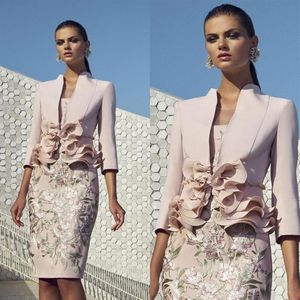 Carla Ruiz Chic Mother Of Bride Suits Dresses With Jacket Appliqued Knee Length Wedding Guest Dress for Mother 3 4 Long Sleeve Gow277D