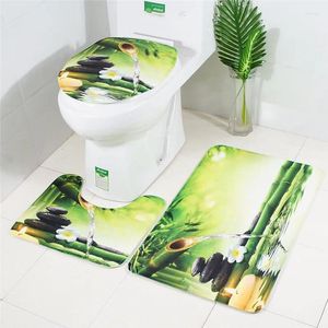 Tapis chinois style vert bambou printemps printemps flanelle tampon de toilette 3pcs jeu de sol de salle de bain