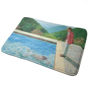 Tapis de piscine avec deux personnages, paillasson d'entrée, de bain, de natation, une plus grande éclaboussure, personnes au bord de la piscine, David Hockney, bleu