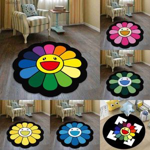 Tapis Soleil Fleur Smiley Tapis Rond pour Chambre Chevet Salon Tapis Non Pelucheux Paillasson Chaise Tapis Mode Tapis De Sol Antidérapant T230519