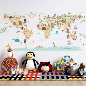 Animales de dibujos animados Mapa Pegatinas de pared para niños Habitación Dormitorio Kindergarten Decoración de pared Vinilo PVC Tatuajes de pared Arte Murales Decoración del hogar 211124