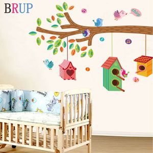 Autocollants muraux cage à oiseaux sur l'arbre, dessin animé, jolis oiseaux, décoration de maison pour chambre d'enfants, sparadrap muraux en vinyle Pvc amovibles