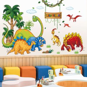 Autocollants muraux de dinosaures colorés de dessin animé, cocotier, dinosaures sauvages, pour chambre d'enfants, sparadrap muraux pour chambre de bébé, autocollants de maternelle