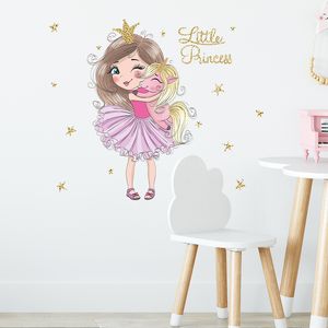 Dessin animé petite princesse et licorne Stickers muraux vinyle décoratif Stickers muraux pépinière murale affiche bébé fille chambre décoration