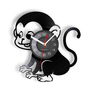 Dessin animé singe silencieux non tic-tac horloge murale pour chambre d'enfants Safari bébé animaux bébé pépinière mur Art vinyle disque Album horloge H1230