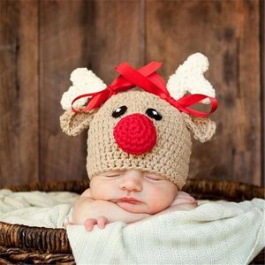 Sombreros de bebé de ciervo de Navidad de punto de ganchillo para recién nacido de dibujos animados para niño y niña, gorra, accesorios de fotografía, sombrero con lazo para niña