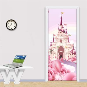 Cartoon Pink Castle 3D Po Carta da parati per la camera dei bambini Ragazze Principessa Camera da letto Adesivo per porta PVC Adesivo murale impermeabile 220426