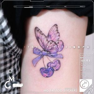 Dessin animé violet papillon cerise tatouage autocollant Tatto gros Art faux tatouages pour femmes temporaire Tatoo mignon Hotwife autocollants