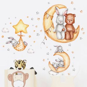 Pegatina de pared de conejo de dibujos animados, calcomanías de nubes y estrellas para habitación de niños, decoración de pared de guardería, papel tapiz de oso conejito sentado en la luna