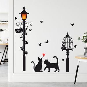 Lámpara de calle de dibujos animados, pegatina de pared de gato, Fondo de entrada de sala de estar, decoración del hogar, calcomanía de decoración de dormitorio, papel tapiz autoadhesivo