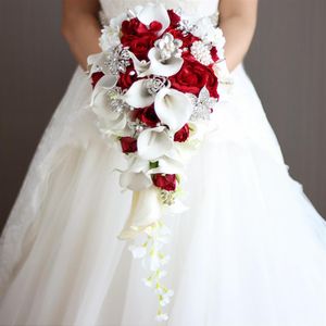 Bouquets De Mariée En Cascade Fleurs De Mariage Avec Perles Artificielles Et Strass Blanc Lys Calla Rouge Rose De Mariage Décoration 2254