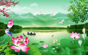 Château pic vert eau Lotus paysage paysage papier peint 3d papier peint 3d papiers peints pour toile de fond tv