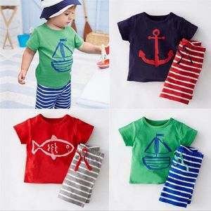 Casual Bébé Garçons Vêtements Costumes Été Sailor Enfants T-Shirt Stripe Pantalon Court Ensembles 100% Coton Enfants Sea Navy Anchor Tee Shirt 210413