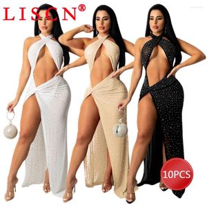 Robes décontractées 10 gros femmes 2024 sans manches licou bandage à lacets creux dos nu côté fendu strass maxi robe K12990_1