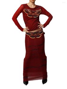 Vestidos casuales Conjunto de traje femenino de 2 piezas Patrones estampados Cuello redondo Manga larga Tops Falda delgada para primavera otoño S / M / L