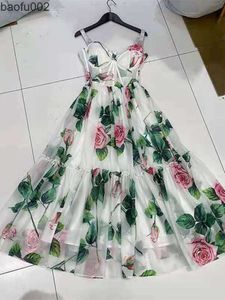Robes décontractées 2022 Summer Rose Floral Bohemian Party Dress Femmes Spaghetti Strap Dos Nu Sexy Rembourré Coupe Fleur Imprimer Plage Elbise Robes W0315