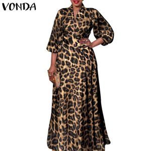 Vestidos casuales 2022 VONDA Bohemian Women Maxi Dress Autumn Long Sleeve Party Vestido largo Vintage Leopard Print Party Vestidos Casual Robe Femme Z0216