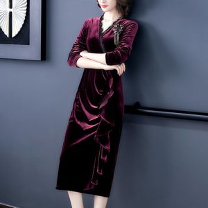 Robes décontractées 2023 automne hiver femmes robe mode coréenne dentelle Patchwork élégant doré velours longue avec Corsage exquis