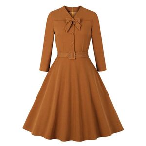Robes décontractées 2023 marron robe plissée Style Vintage noeud papillon cou boutonné femmes élégantes été ceinturé Pinup années 60 50 Rockabilly