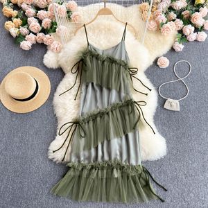 Robes décontractées 2023 mode femmes bord de mer vacances Sexy été maille robe verte irrégulière à volants jarretelle plage fille
