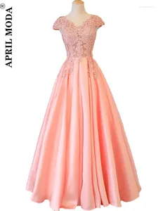 Robes décontractées 2023 Magnifique rose longue dentelle appliques solide soirée col en V à manches courtes plissée robe de bal d'été cérémonie robe de soirée