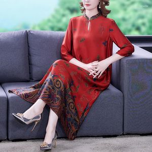 Robes décontractées 2023 rouge Floral mûrier soie Cheongsam robe femmes coréen Vintage printemps été à manches longues élégant