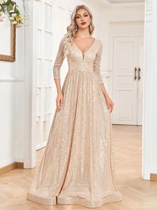 Robes décontractées 2023 Paillettes manches trois-quarts robe de soirée déroulante col en V taille haute brillant élastique fête formelle