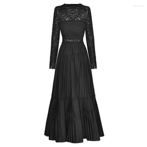 Robes décontractées 2023 printemps femmes vêtements arrivées noir Crochet évider plissé Maxi robe de soirée élégante