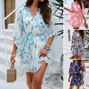 Robes décontractées Été Automne Manches longues Sexy V Cou Moulante Mini Robe Femmes Papillon Imprimé À Lacets Robe Streetwear En Gros