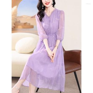 Robes décontractées 2023 été Boho violet imprimé en mousseline de soie Vintage robe mi-longue femmes Fasion plage vacances coréen élégant soirée jupe